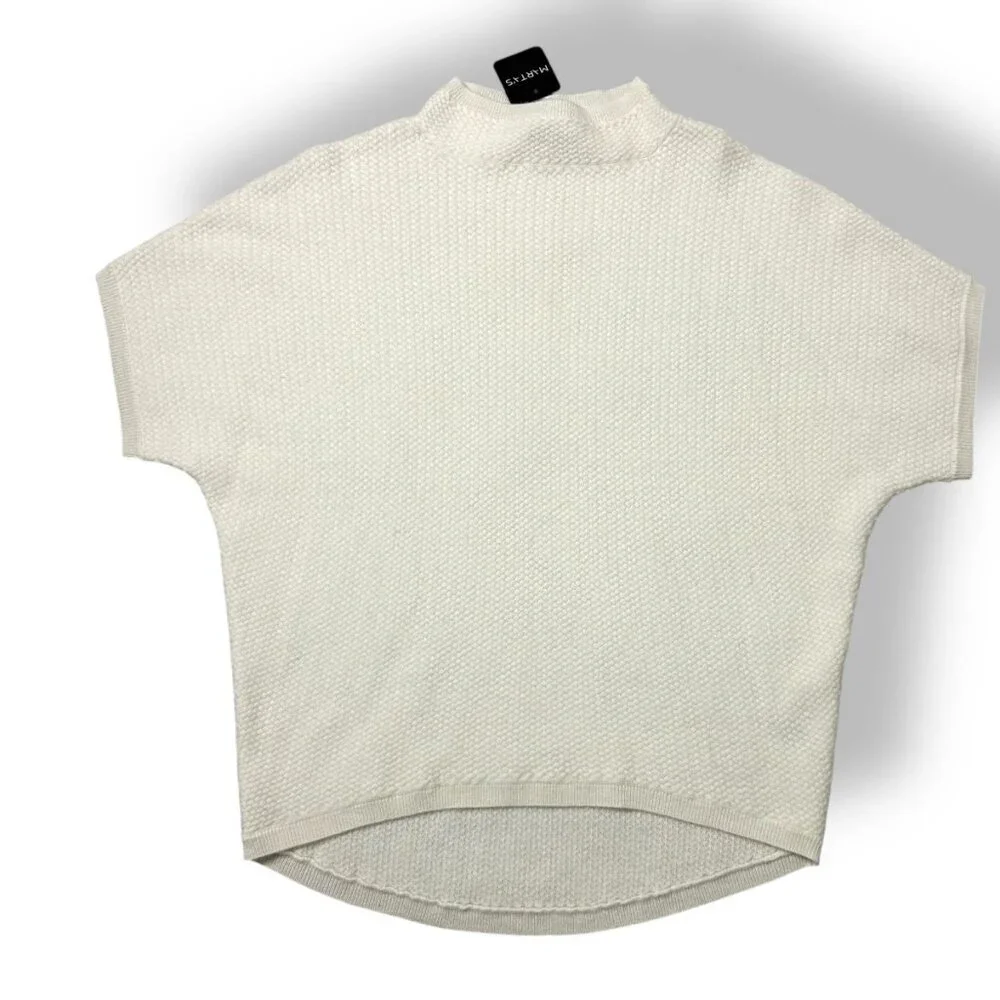 NWT 100% Cashmere Basketweave Short Sleeve Mock Turtleneck Cream Sweater Sz S